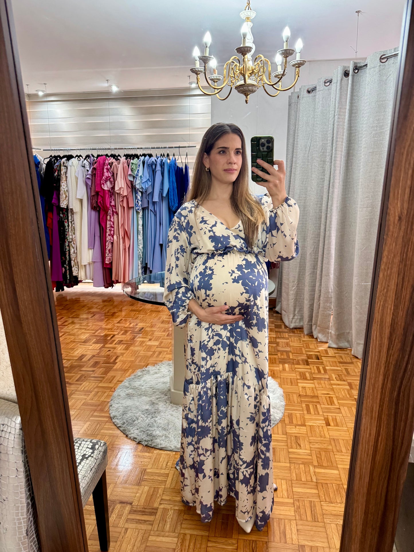 Vestido de maternidad Julieta mangas largas, Crema flores Azules M