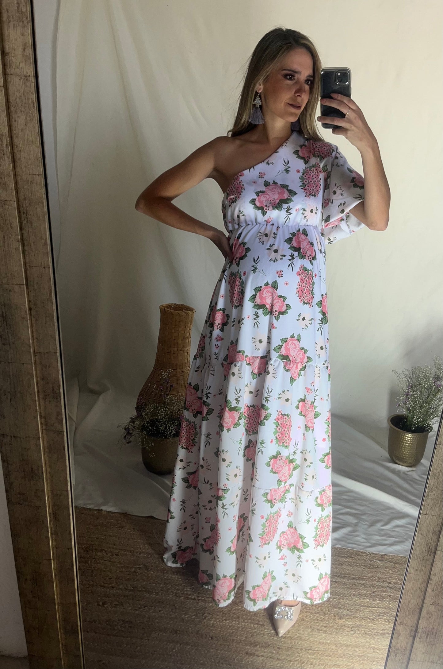 Vestido de maternidad, Paty blanco flores rosas CH