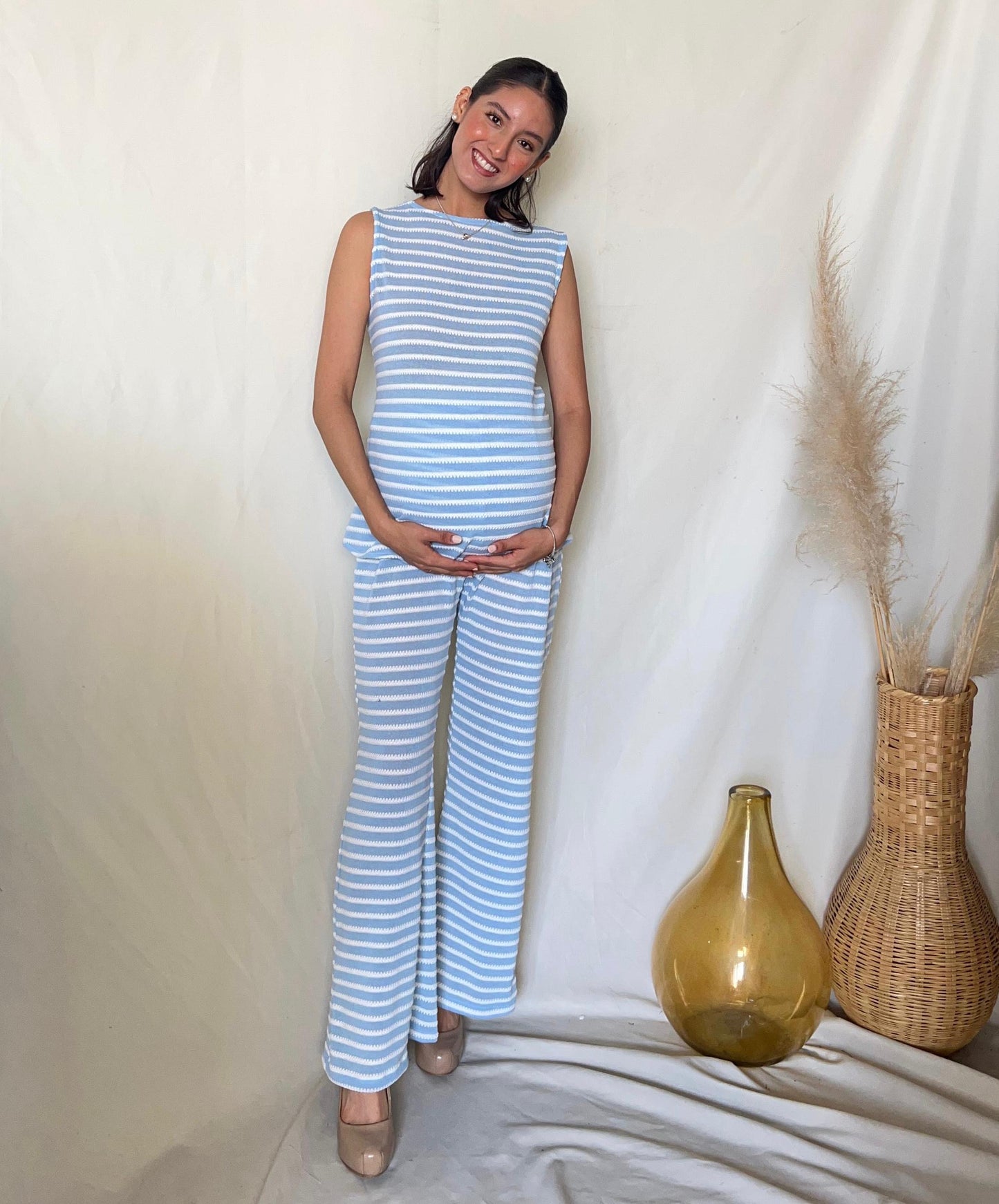 Conjunto de maternidad Cinthya, Azul rayas