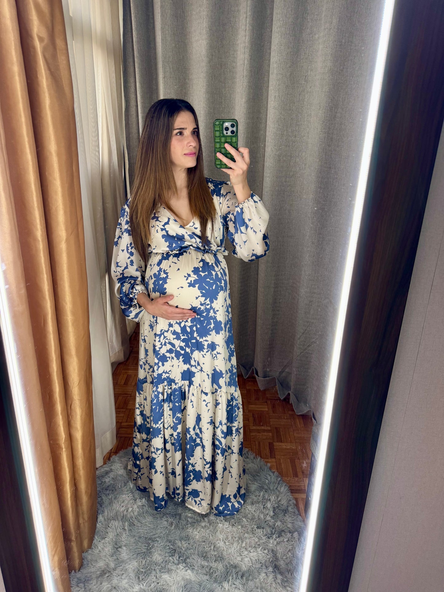 Vestido de maternidad Julieta mangas largas, Crema flores Azules M