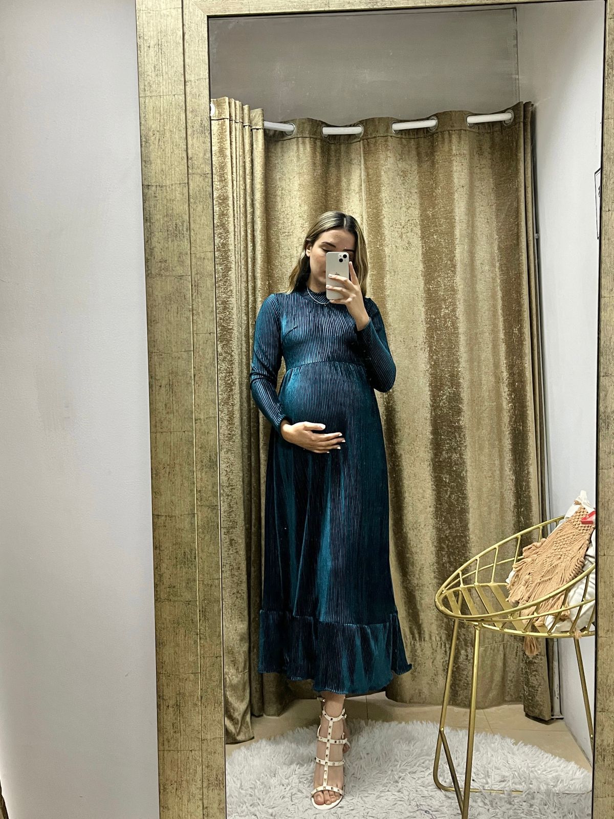 Vestido de maternidad, verde terciopelo rayas Gaby largo CH