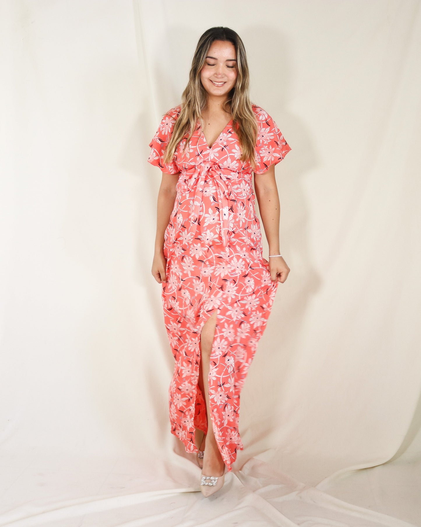 Vestido Love naranja flores blancas XG