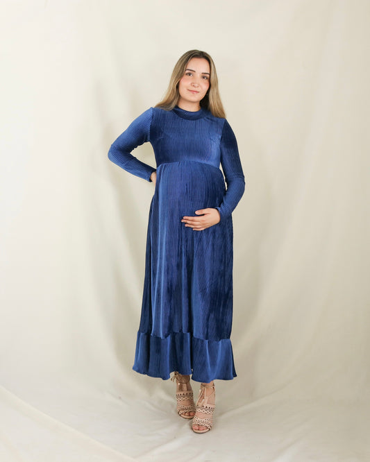 Vestido de maternidad, azul terciopelo rayas Gaby largo M