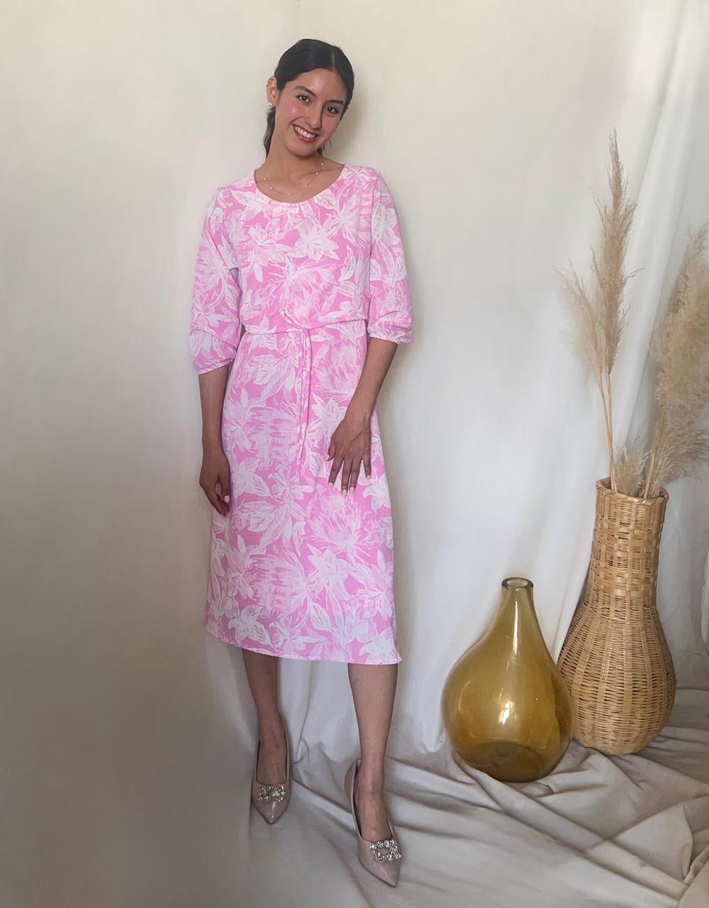 Vestido maternidad y lactancia, Hanna blanco flores rosas largo
