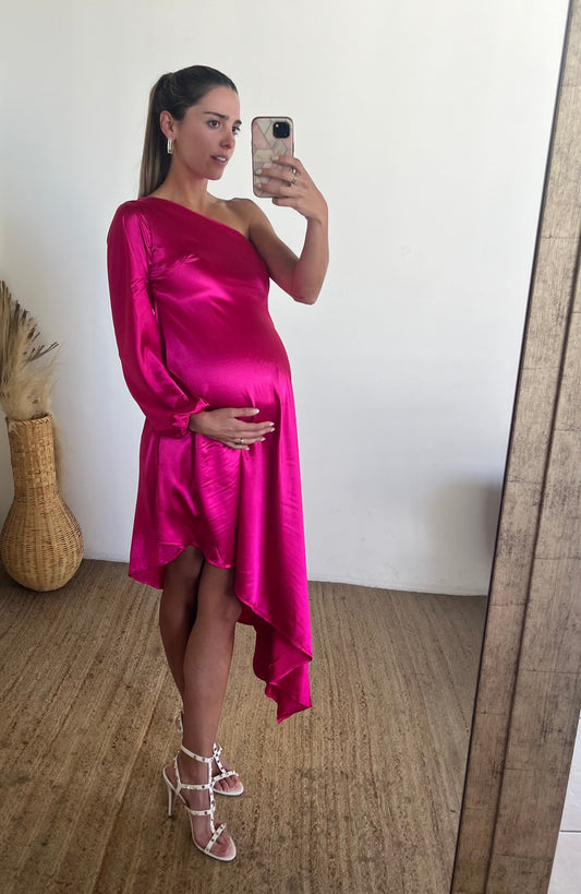 Vestido maternidad Samantha, rosa Barbie brilloso CH, M y G
