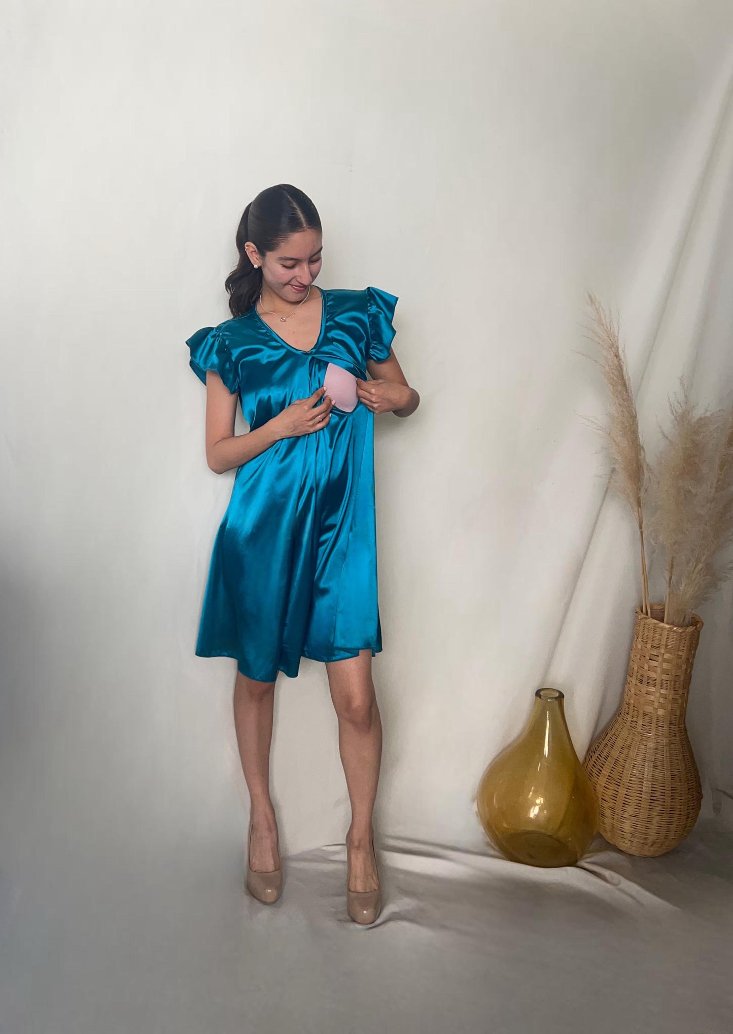 Vestido de maternidad y lactancia, Bertha azul verdoso brilloso