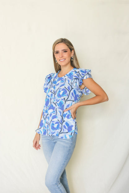 Blusa de lactancia Ruth, azul tallos CH