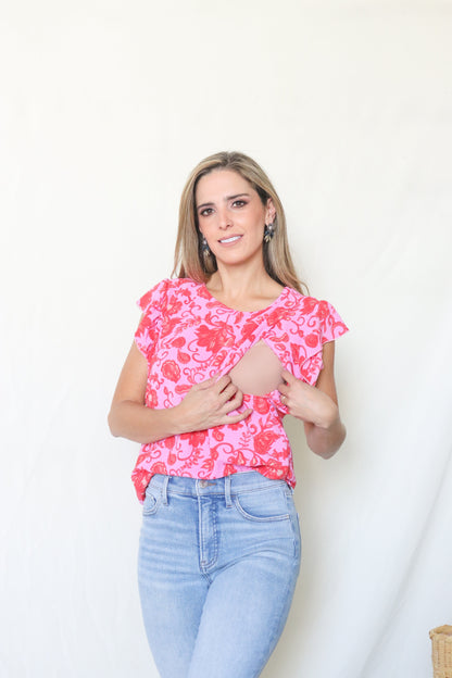 Blusa de lactancia, Andy rosa flores rojas CH