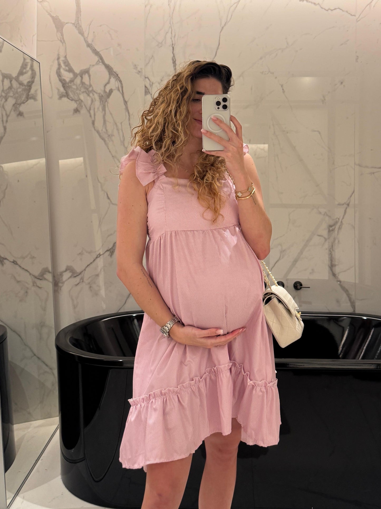 Vestido de maternidad Aurora rosa rayitas algodón