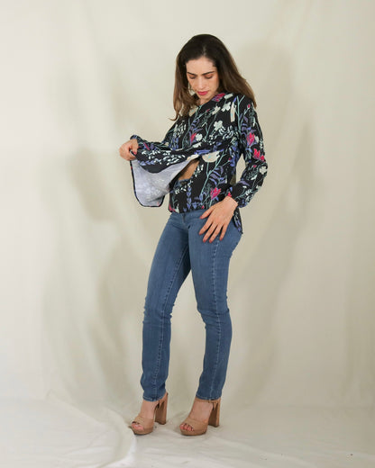 Blusa de lactancia, Ruth negra flores blancas M