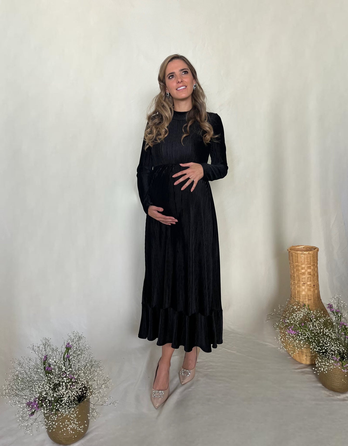 Vestido de maternidad, negro terciopelo rayas Gaby largo M