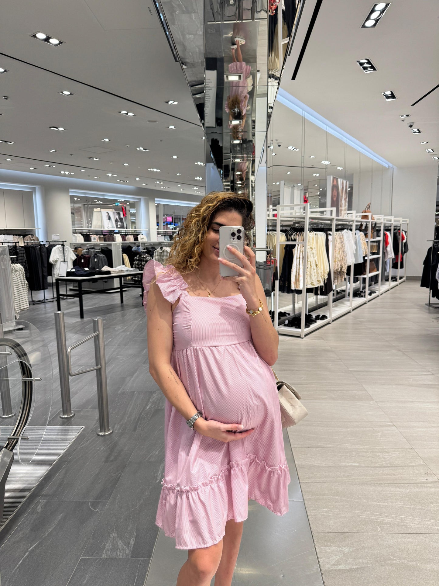 Vestido de maternidad Aurora rosa rayitas algodón