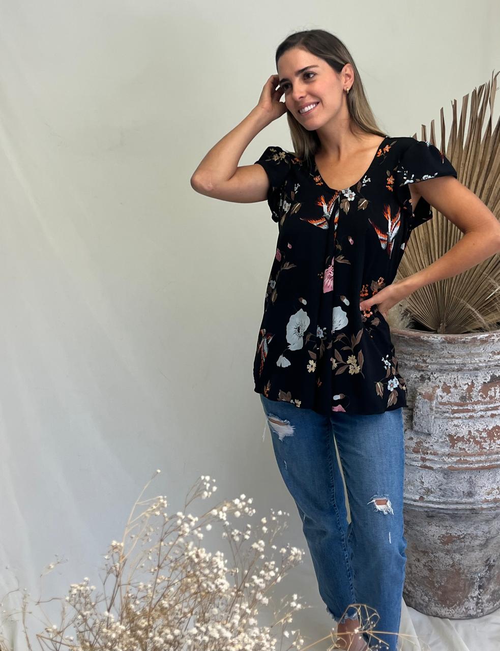 Blusa de lactancia/maternidad, Bertha negra pajaritos