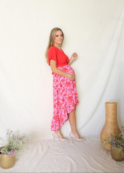 Vestido de Maternidad, Love Carlota rojo con flores rojas