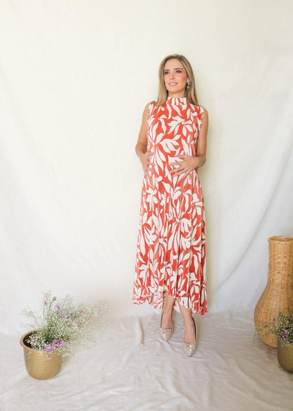 Vestido de maternidad Sonia, flores naranjas corrugado