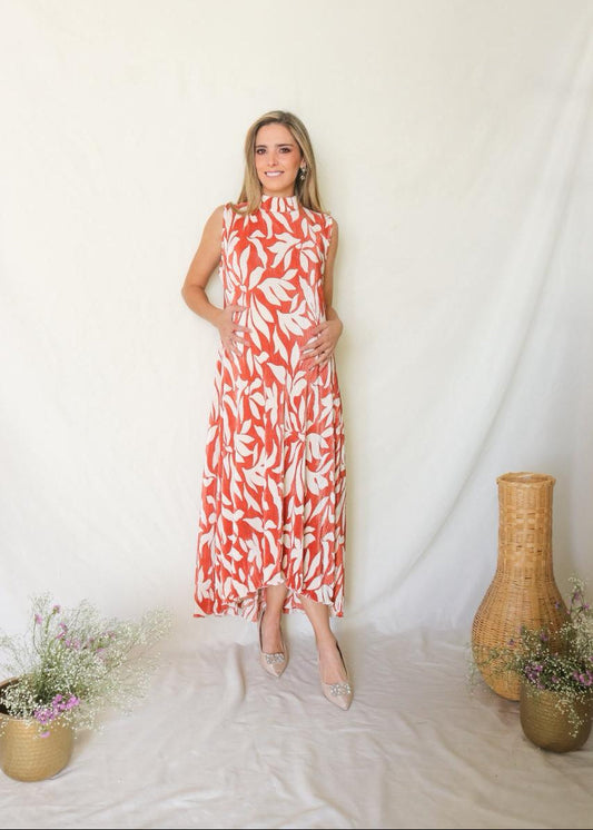 Vestido de maternidad Sonia, flores naranjas corrugado XG