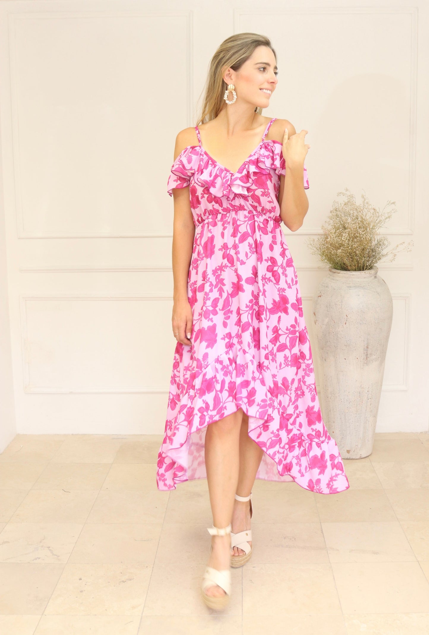 Vestido de maternidad y lactancia, Carlota rosa flores claras rosas fuertes
