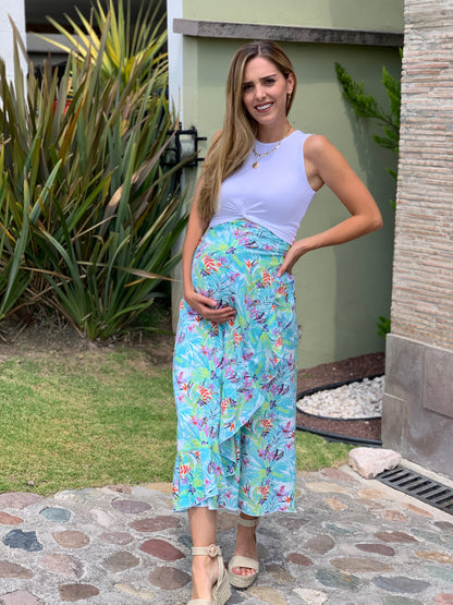 Falda de maternidad, azul flores aqua CH y G