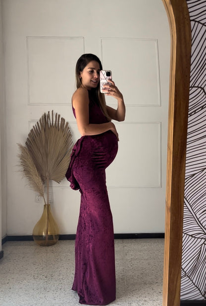 Vestido maternidad Eugenia largo terciopelo vino XG