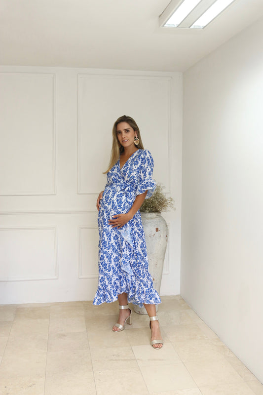 Vestido de maternidad, Ursula blanco flores azules CH a XG
