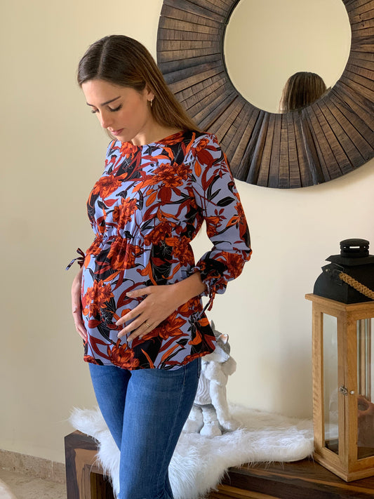 Blusa de maternidad, Anna azul flores naranjas G